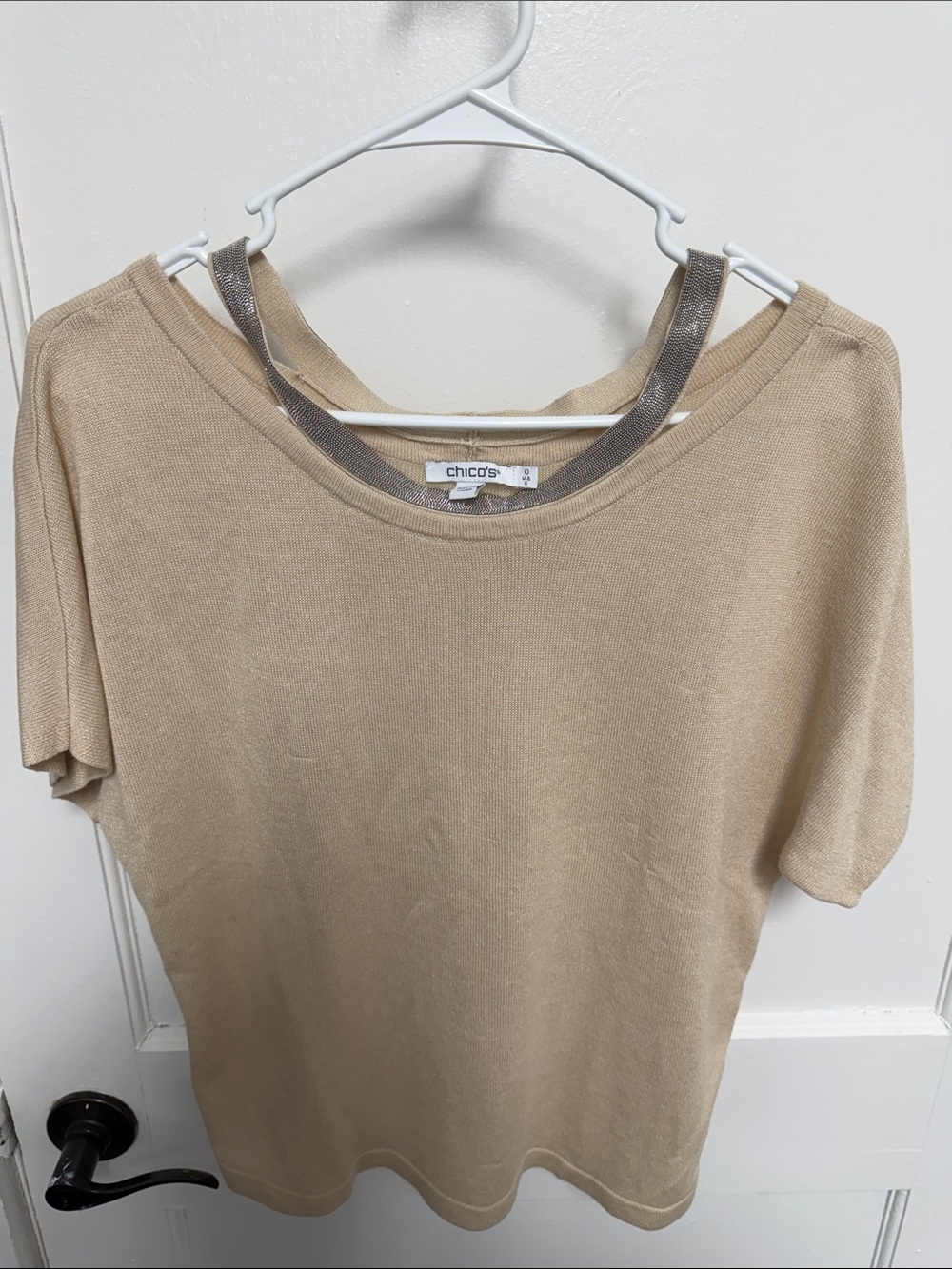 Chico's Beige Short Sleeve Crewneck Top with Metallic Neck Trim